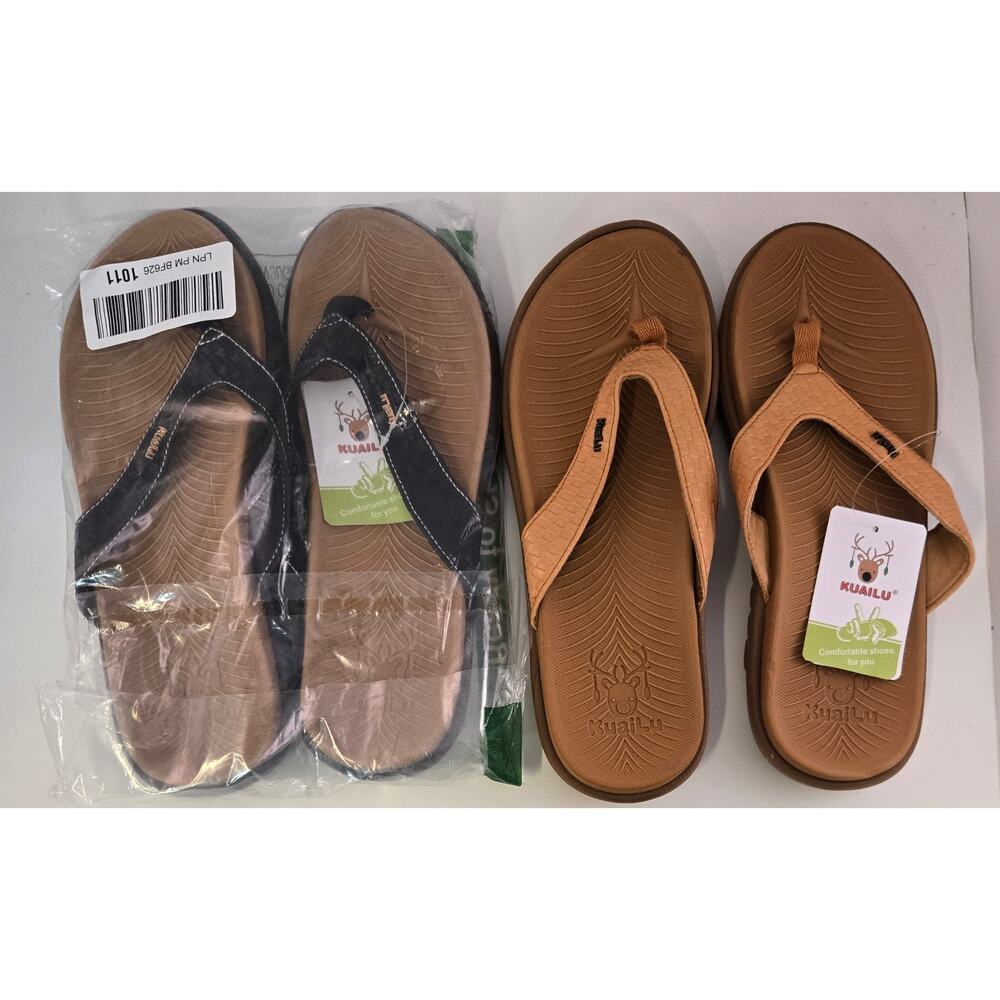 KuaiLu Womens Flip Flops Thong Sandals Summer Beach 2 Pairs Black Tan Size 10